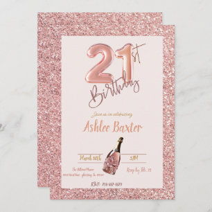 21st Birthday Pink Champange Pink Glitter Invitation