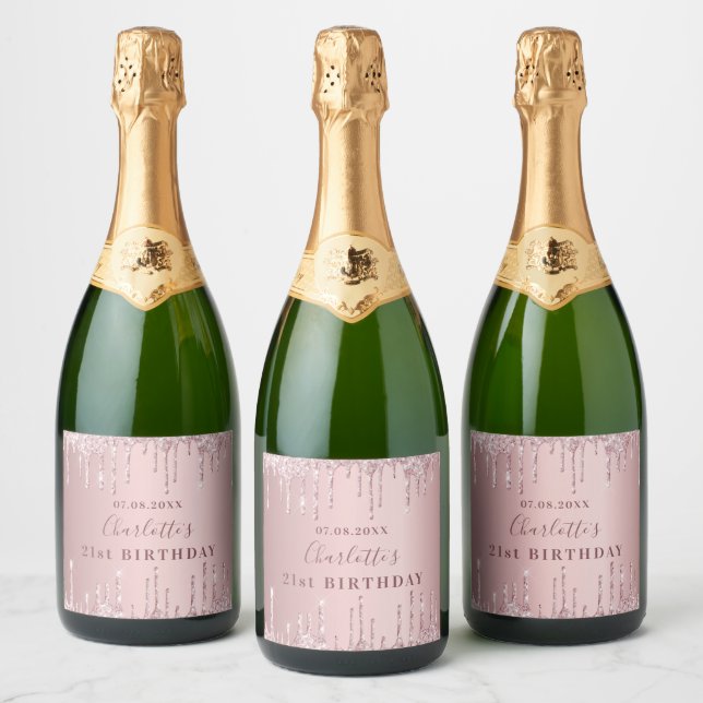 21st birthday pink dusty rose glitter monogram sparkling wine label (Bottles)