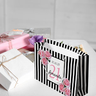 21st birthday pink floral black white stripes large gift bag