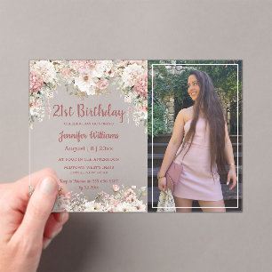 21st birthday pink floral photo party chic acrylic invitations