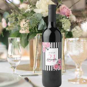 21st birthday pink florals black white stripes wine label