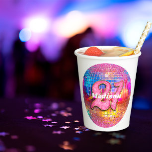 21st Birthday Pink Glitter Groovy 70s Disco Ball Paper Cups