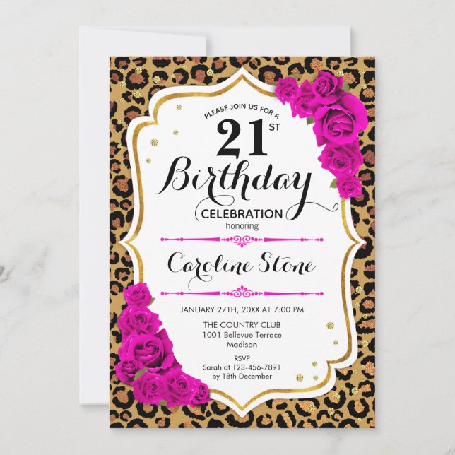 21st Birthday - Pink Gold Leopard Print Invitation (Front)