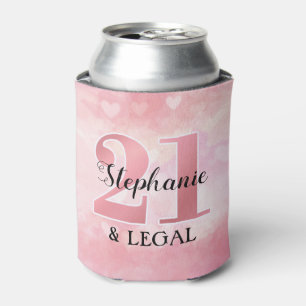 21st Birthday Pink Hearts 21 and Legal Can Cooler