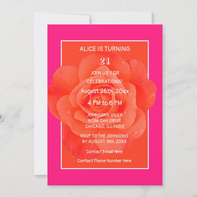 21st Birthday Pink Orange Rose Floral Modern Invitation (Front)