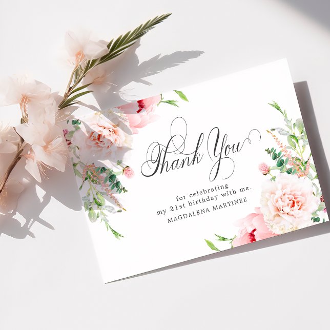 21st Birthday Pink Peony Floral Flat Thank You Card (Creator Uploaded)
