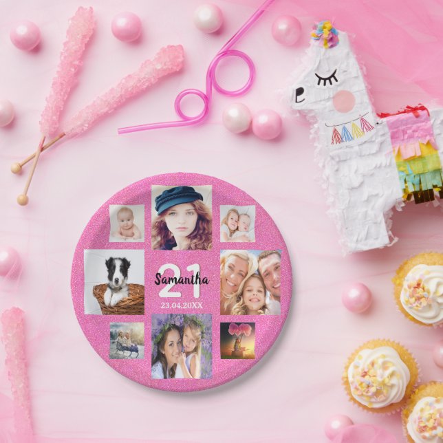 21st birthday pink photo collage glitter paper plate (Party)