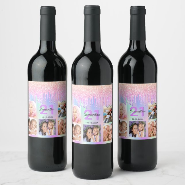 21st birthday pink purple drips photo holographic wine label (Bottles)