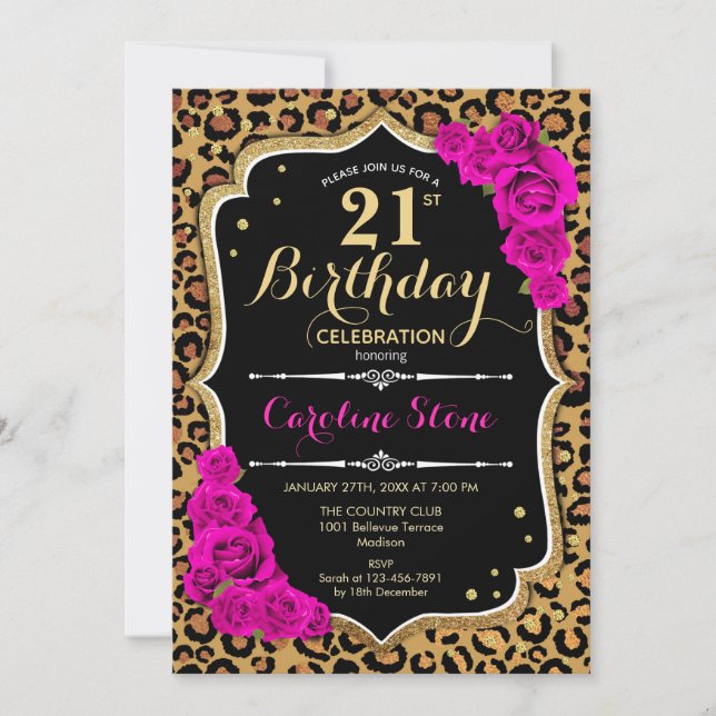 21st Birthday - Pink Roses Leopard Print Invitation (Front)