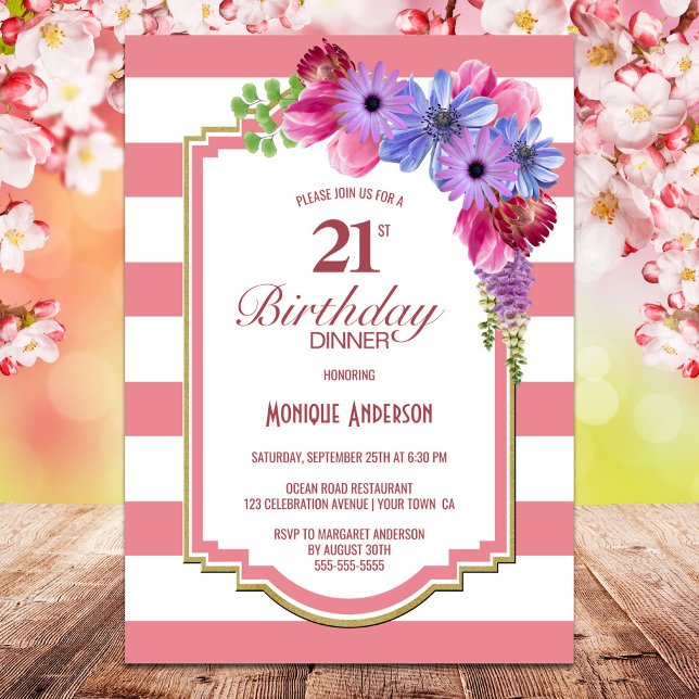 21st Birthday Pink Striped Floral Dinner Party Invitation (Creator Uploaded)