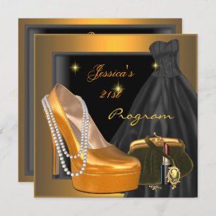 21st Birthday Program Shoe Gold Orange Black Invitation