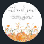 21st Birthday Pumpkin Wildflower Custom Thank You Classic Round Sticker<br><div class="desc">Fall pumpkins are nestled in delicate golden yellow and orange wildflowers to create an elegant aesthetic. All of the text is editable so you can easily craft your own special mood.</div>
