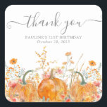 21st Birthday Pumpkin Wildflower Custom Thank You Square Sticker<br><div class="desc">Fall pumpkins are nestled in delicate golden yellow and orange wildflowers to create an elegant aesthetic. All of the text is editable so you can easily craft your own special mood.</div>