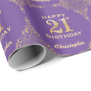 21st Birthday Purple and Gold Glitter Frame Wrapping Paper