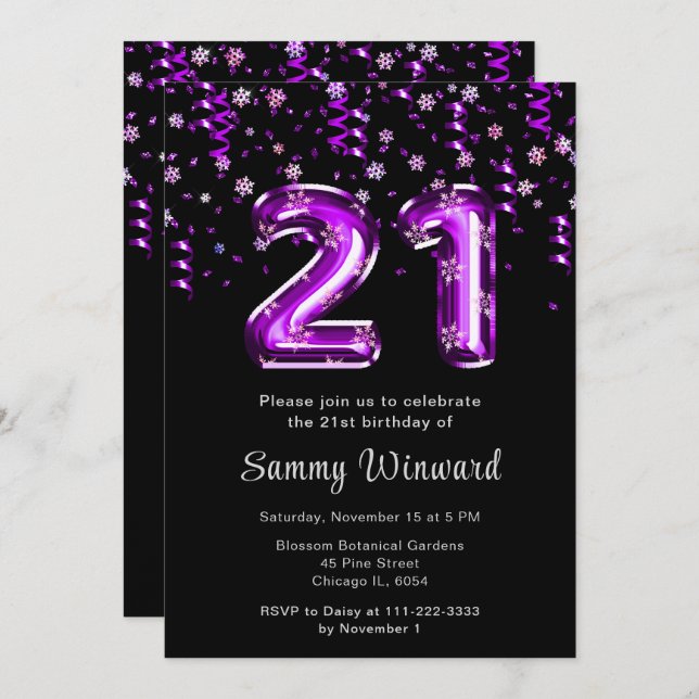 21st Birthday Purple Balloons Snowflake Confetti Invitation (Front/Back)