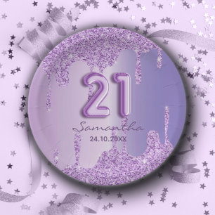 21st Birthday Purple glitter drips Paper Plate