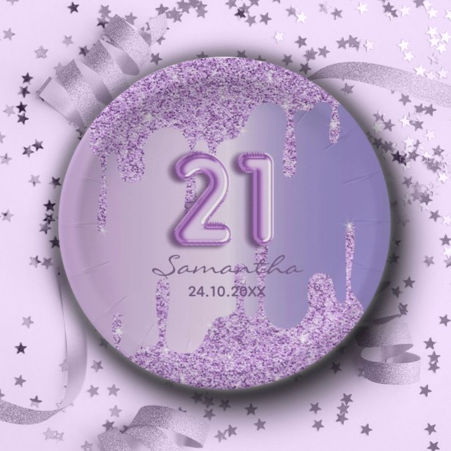 21st Birthday Purple glitter drips Paper Plate (Creator Uploaded)