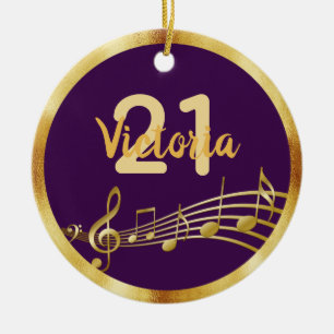 21st birthday purple gold music notes name ceramic tree decoration