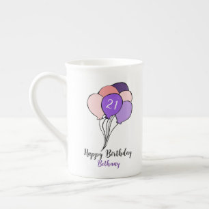 21st birthday purple & pink bunch of balloons bone china mug