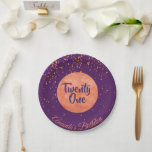 21st birthday purple rose gold confetti name paper plate<br><div class="desc">An elegant and glamourous party paper plate for a 21st birthday party for a girl. A chic purple coloured background.  A large rose gold coloured circle with modern hand lettered style text: Twentyone. Golden confetti shower,  rain as decoration.  Template for a name,  curved text.</div>