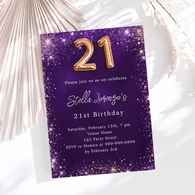 21st Birthday purple rose gold luxury Invitation (Creator Uploaded)