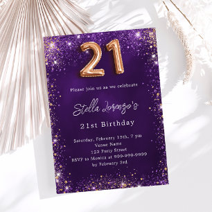 21st Birthday purple rose gold sparkles Invitation