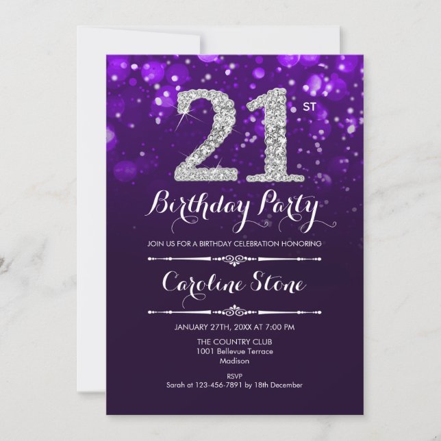 21st Birthday - Purple Silver Invitation (Front)