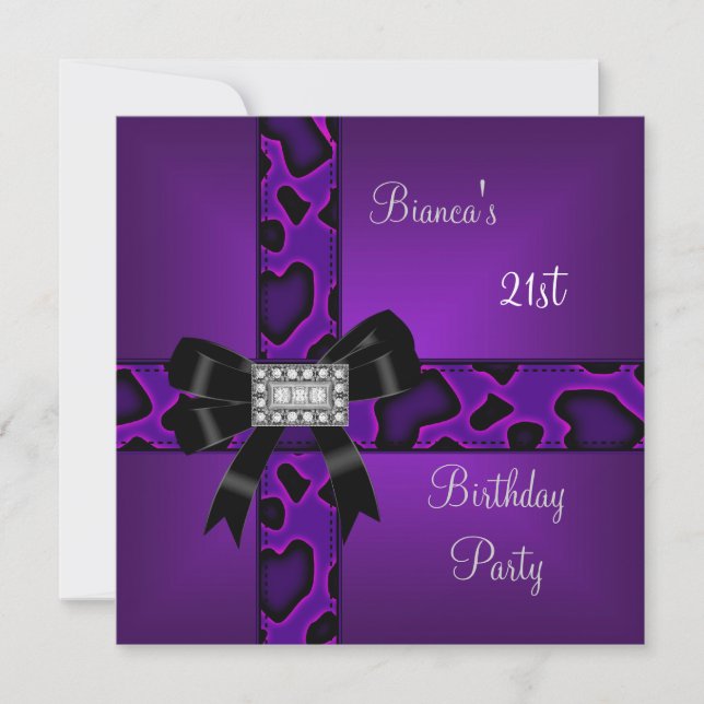 21st Birthday Purple Wild Black Bow Diamonds Invitation (Front)