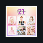 21st birthday rainbow custom photo pink purple napkin<br><div class="desc">For a glamourous 21st birthday party, celebrating her life with a collage of 6 of your photos. Personalise and add a name, age 21 and a date. Date of birth or the date of the party. Purple and dark grey coloured letters. A trendy rainbow coloured background in purple, violet, pink...</div>