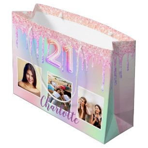 21st birthday rainbow glitter drips photo monogram large gift bag