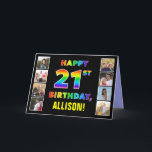 21st Birthday: Rainbow Text, Custom Photos & Name Card<br><div class="desc">The front of this cheerful and bold birthday themed greeting card design features the message “HAPPY 21ST BIRTHDAY, “ with a vibrant multicolored rainbow spectrum inspired gradient pattern, along with an editable recipient name. The photos to the left and the right of the rainbow-patterned message on the front of the...</div>