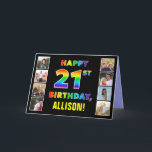 21st Birthday: Rainbow Text, Custom Photos & Name Card<br><div class="desc">The front of this cheerful and bold birthday themed greeting card design features the message “HAPPY 21ST BIRTHDAY, “ with a vibrant multicolored rainbow spectrum inspired gradient pattern, along with an editable recipient name. The photos to the left and the right of the rainbow-patterned message on the front of the...</div>
