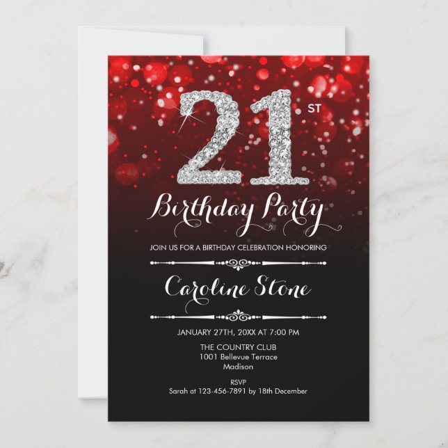 21st Birthday - Red Black Silver Invitation (Front)