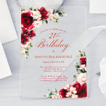 21st Birthday Red Rose Pink Peony Floral Acrylic Invitations<br><div class="desc">Red roses and blush pink peonies are nestled in dark green leaves on this 21st birthday invitation. Classic script calligraphy lets your guests know it's a milestone birthday and who the birthday celebrant is. This item is part of the Red Rose Pink Peony collection. It contains the templates you can...</div>