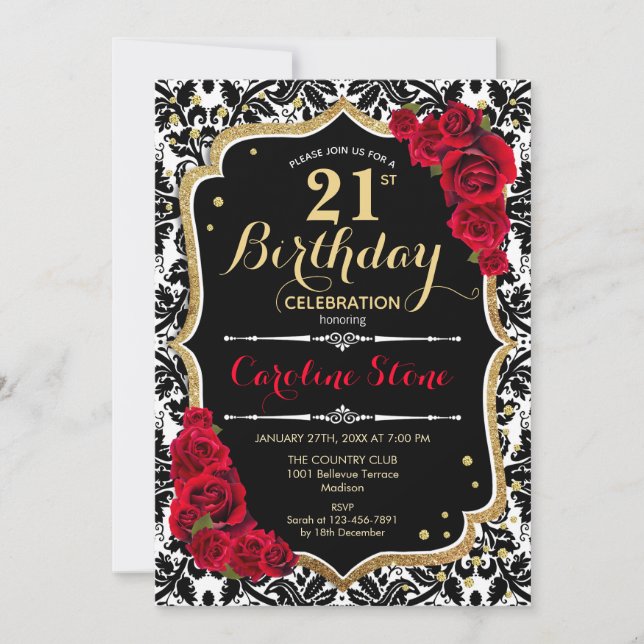 21st Birthday - Red Roses Gold Black Damask Invitation (Front)
