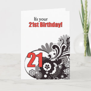 21st Birthday Religious Swirls, Red and Black Card