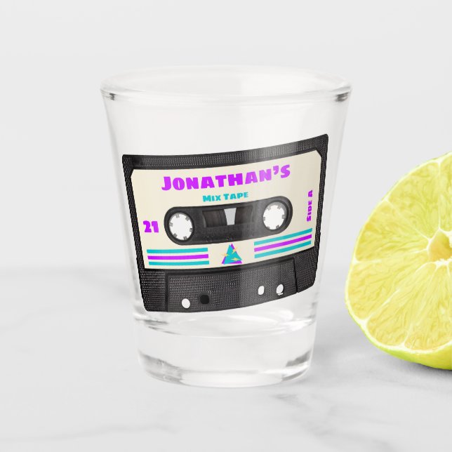 21st Birthday Retro 80s Music Mix Tape For Him Shot Glass (Front)