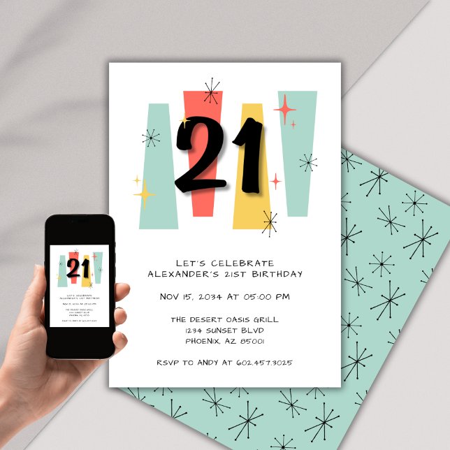 21st Birthday Retro Midcentury Modern Colourful Invitation (Creator Uploaded)