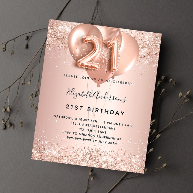 21st birthday rose gold balloons budget invitation flyer (Creator Uploaded)