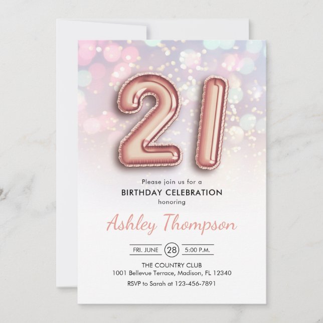 21st Birthday - Rose Gold Balloons Pink Lights Invitation (Front)