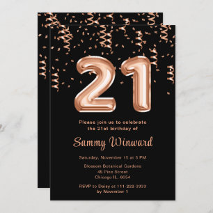 21st Birthday Rose Gold Balloons with Confetti Invitation