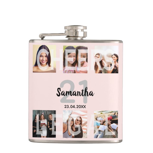 21st birthday  rose gold blush cheers photo name hip flask (Front)