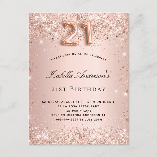 21st birthday rose gold blush glitter dust invitation postcard (Front)