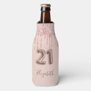 21st birthday rose gold blush glitter name bottle cooler