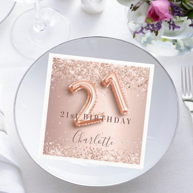 21st birthday rose gold blush glitter name napkin (Creator Uploaded)