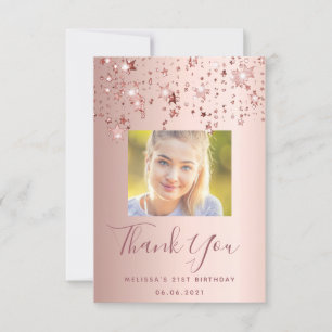 21st birthday rose gold blush stars photo thank you card