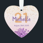 21st birthday rose gold confetti purple flowers ornament<br><div class="desc">Glamourous with elegant and modern rose gold,  blush pink gradient backdrop for a 21st birthday. With ultra violet and purple coloured watercolored flowers and golden confetti rain. Templates for name,  age 21 and date,  purple and golden coloured letters.  Perfect as a birthday gift,  party decoration or keepsake.</div>