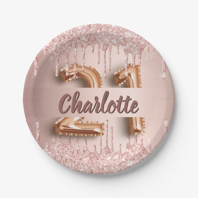 21st birthday rose gold drips party paper plate (Front)