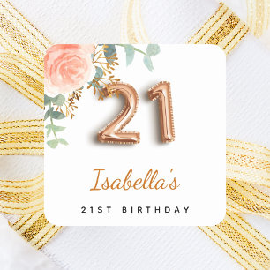 21st birthday rose gold eucalyptus monogram square sticker