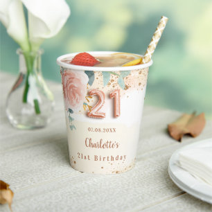 21st birthday rose gold floral greenery name paper cups
